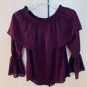 Veronica M Womens Long Sleeve Smocked Off Shoulder Ruffle Top Blouse Burgundy XS